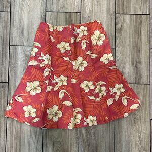 Women's Midi Skirt Size Large Floral Silk Linen Blend Pink Boho Cottagecore